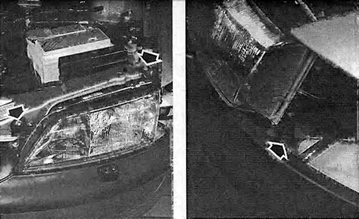 Зліва: на фотографії показані обидва верхні кріпильні болти (стрілки) лівої фари з демонтованими…