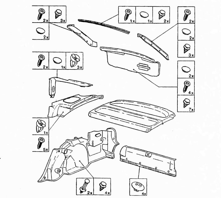 Shown here are the rear trim elements and their associated fasteners in a Vectra with a flat rear…