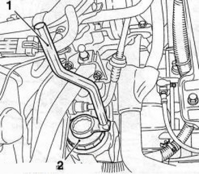 6.6 Scoaterea capacului (2) al filtrului de ulei folosind o cheie specială (1) Opel KM-6150 -1…