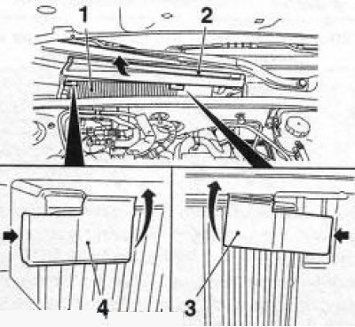 19.2 Procedura de demontare a filtrului de habitaclu: 1. Filtru de schimb; 2. Acoperire de service;…