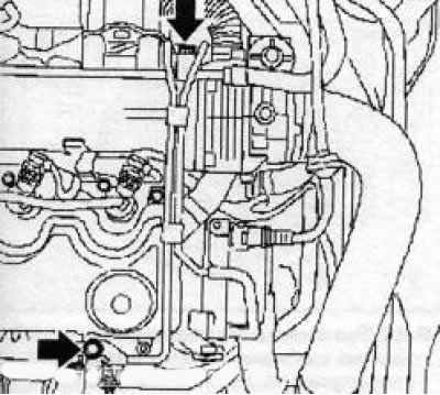 9.11 The vacuum hose mounting bolts are indicated by arrows (z19DT engine)