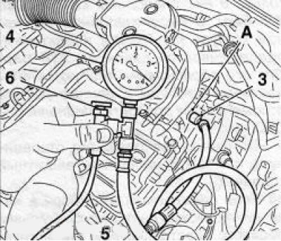 2.4 Az Opel-KM-J-34730-91 (4) nyomásfigyelő berendezés beszerelése: 3. Csatlakozó csonk; 5.…