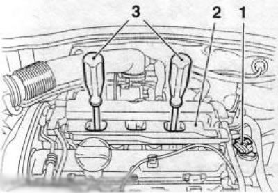 5.4 Demontarea modulului de aprindere (2): 1. Fișă electrică; 3. Mânere speciale KM-6009