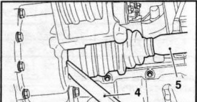 2.9 To separate from the gearbox, press the drive shaft (5) using a crowbar (4)