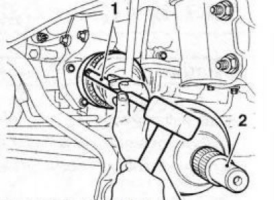 2.14 Installing the right drive shaft (2) using a hammer and brass mandrel (1)