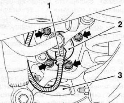 10.2 Nuts (shown by arrows) hub assembly fasteners (2) of the rear wheel and the ABS sensor wiring…