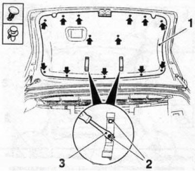 12.1 Fixarea garniturii (1) a capacului portbagajului - săgețile indică dopurile: 2. Nituri de…