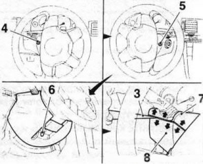 40.6 Side (4 and 5) and lower (6) screws for fastening the upper (7) and lower (8) steering column…