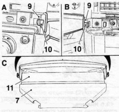 40.9 Removing the upper casing (7) from the instrument cluster (9): 10. Fixators; 11. Lower…