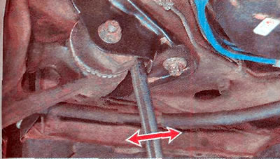 4. Using a tire iron as a lever, check the integrity of the rear suspension silent blocks. If there…