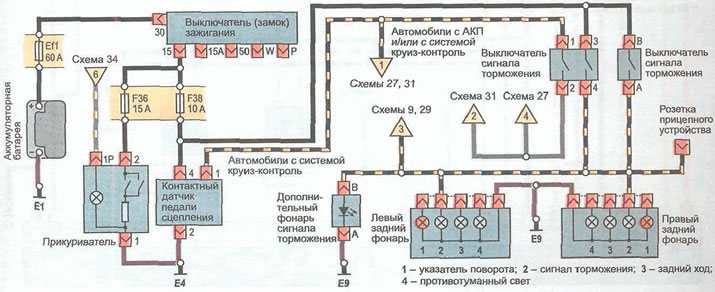 Схема 21. Сигналы торможения, прикуриватель (Опель Зафира A 1999-2005 ...